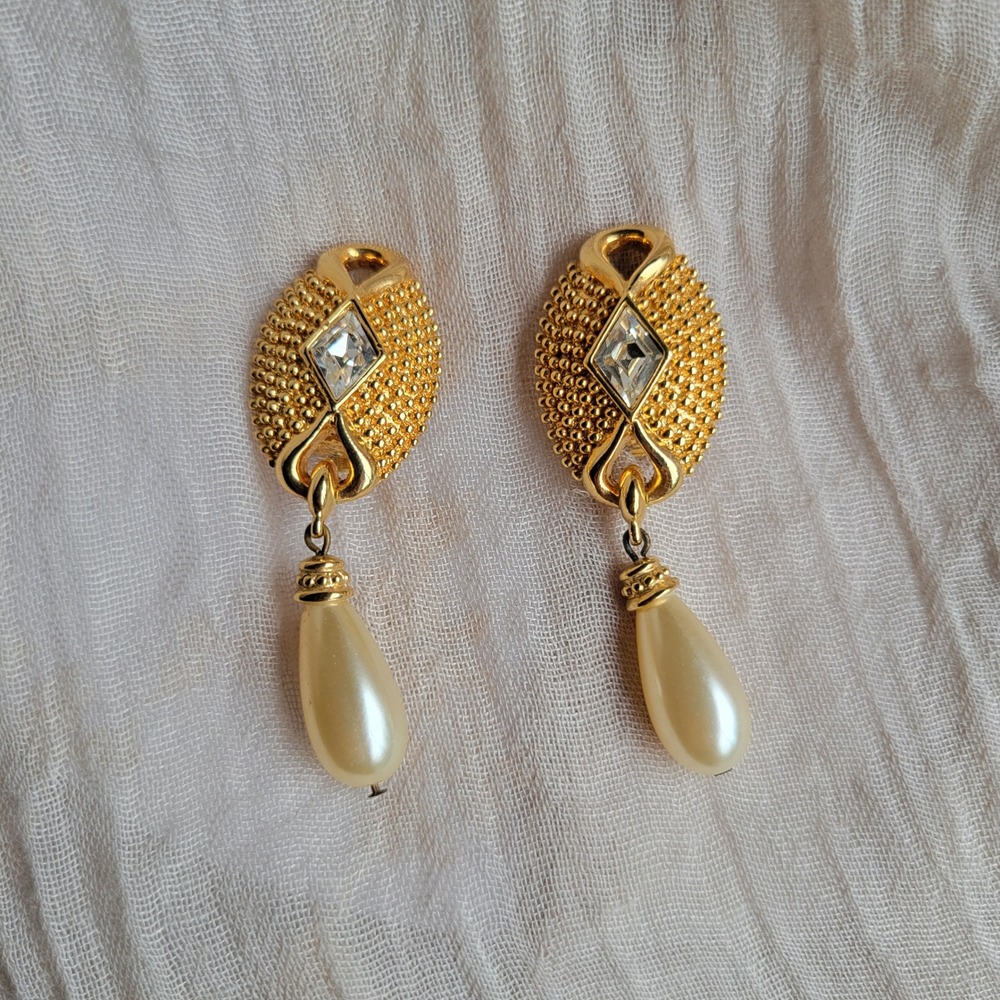 Vintage 1990s Swarovski Clip-On Earrings Gold Faux Pearl Crystal Dangle